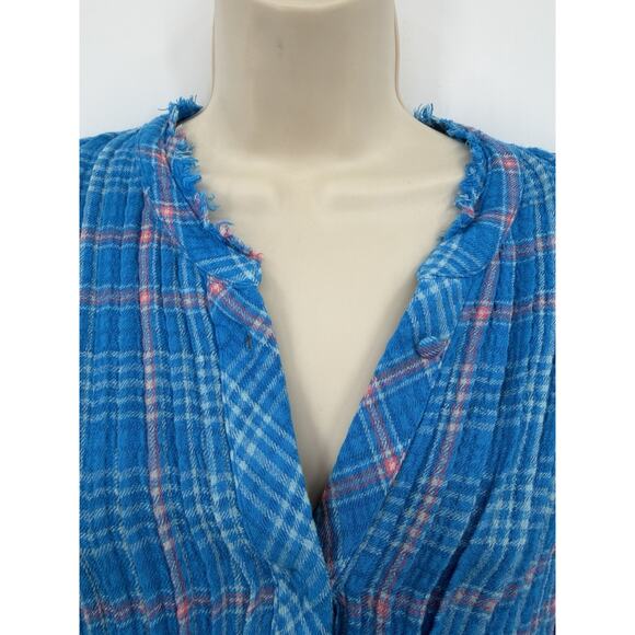 Free People Intimately Blue Plaid Long Sleeve PJ Top/Night Shirt Dress Large - Picture 9 of 12